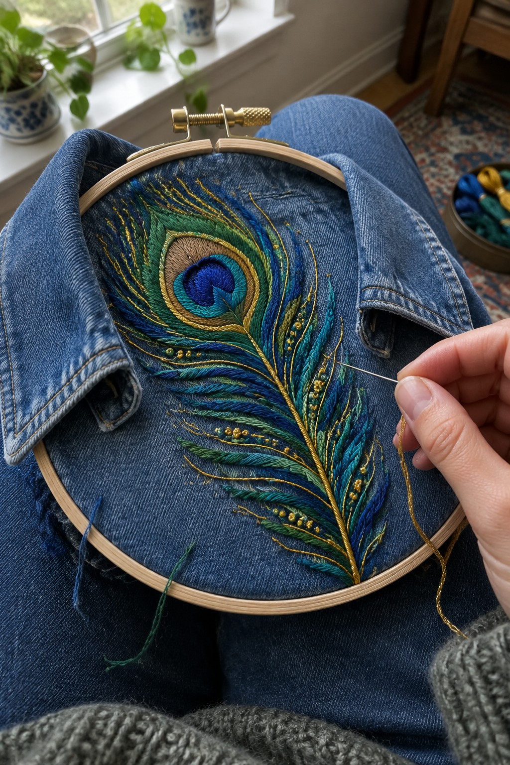A blue, green, and gold peacock feather is being embroidered on a denim shirt held in a wooden hoop.