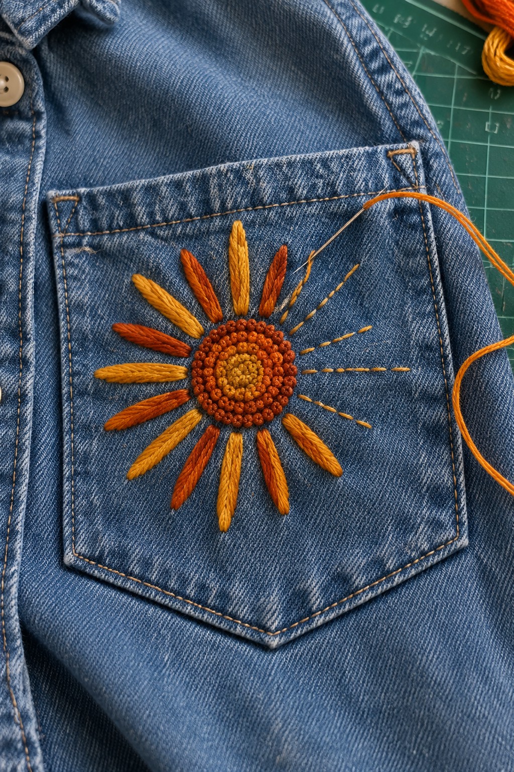 Orange and yellow sunburst embroidery decorates the pocket of a blue denim shirt.