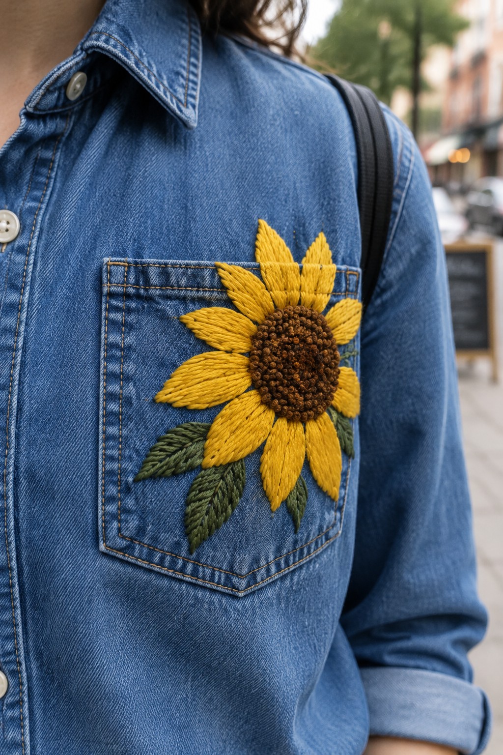 A yellow and brown embroidered sunflower with green leaves covers the pocket of a blue denim shirt.