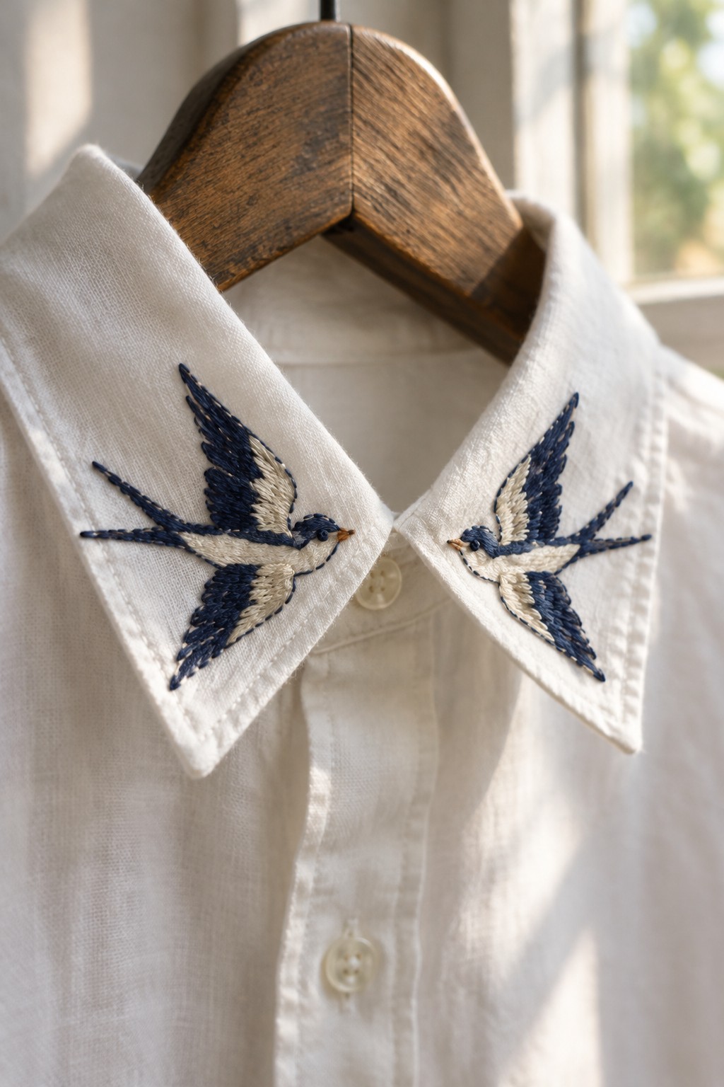 Two navy and cream embroidered swallows decorate the pointed collar of a white shirt on a wooden hanger.
