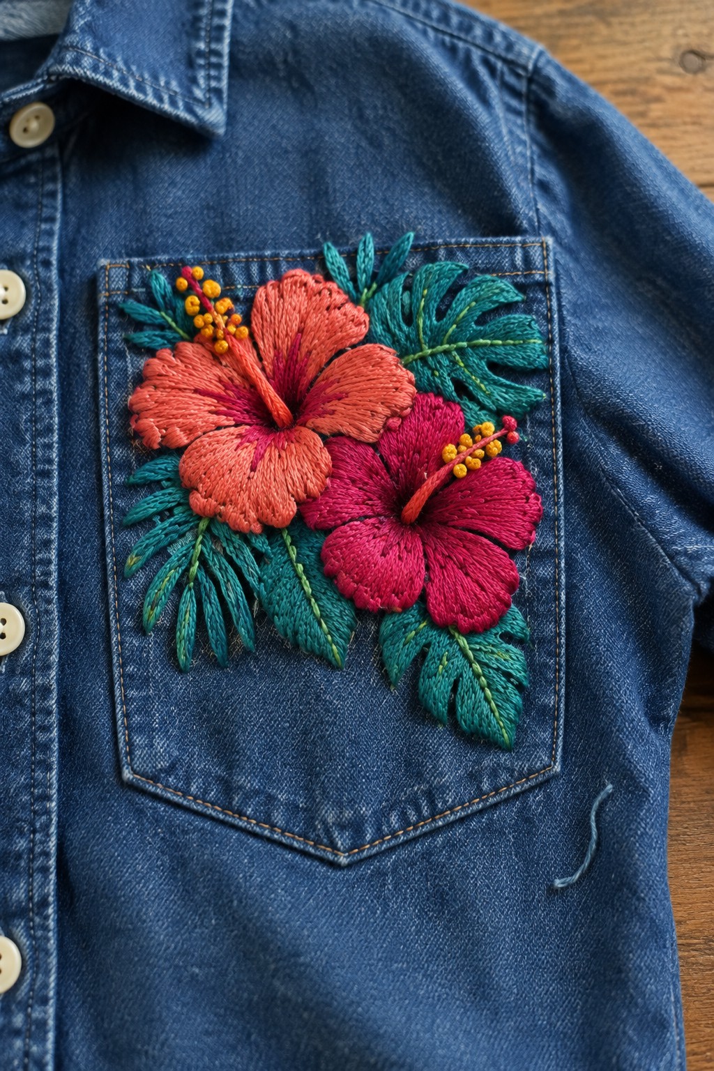 Coral and magenta hibiscus flowers with teal leaves embroidered across the pocket of a blue denim shirt.