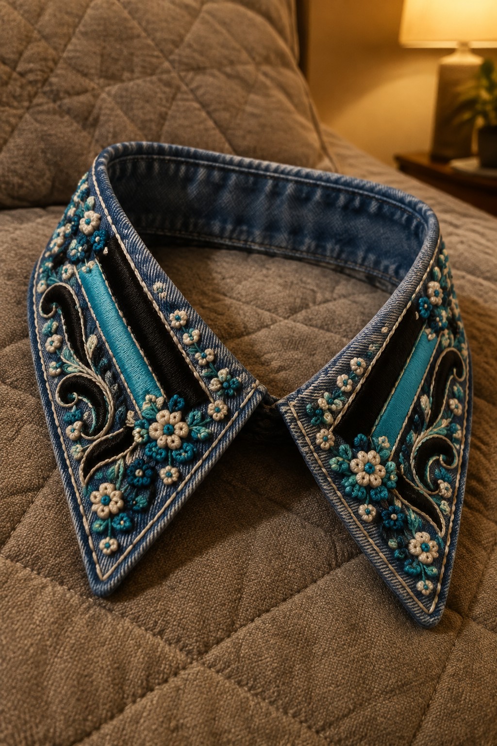 A denim collar embroidered with turquoise and cream flowers and dark scrollwork rests on a quilted brown surface.