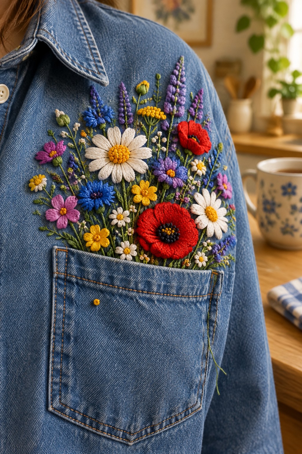 Colorful embroidered wildflowers cover the denim above a shirt pocket, with stems beside it.
