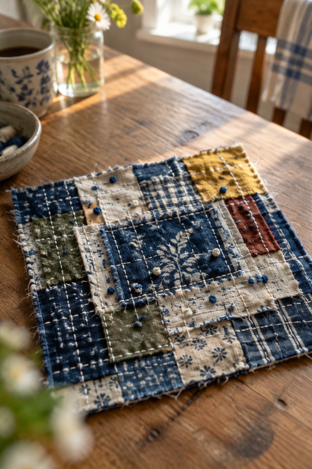 A square patchwork sampler of layered printed fabric patches with visible stitching on a wooden table.