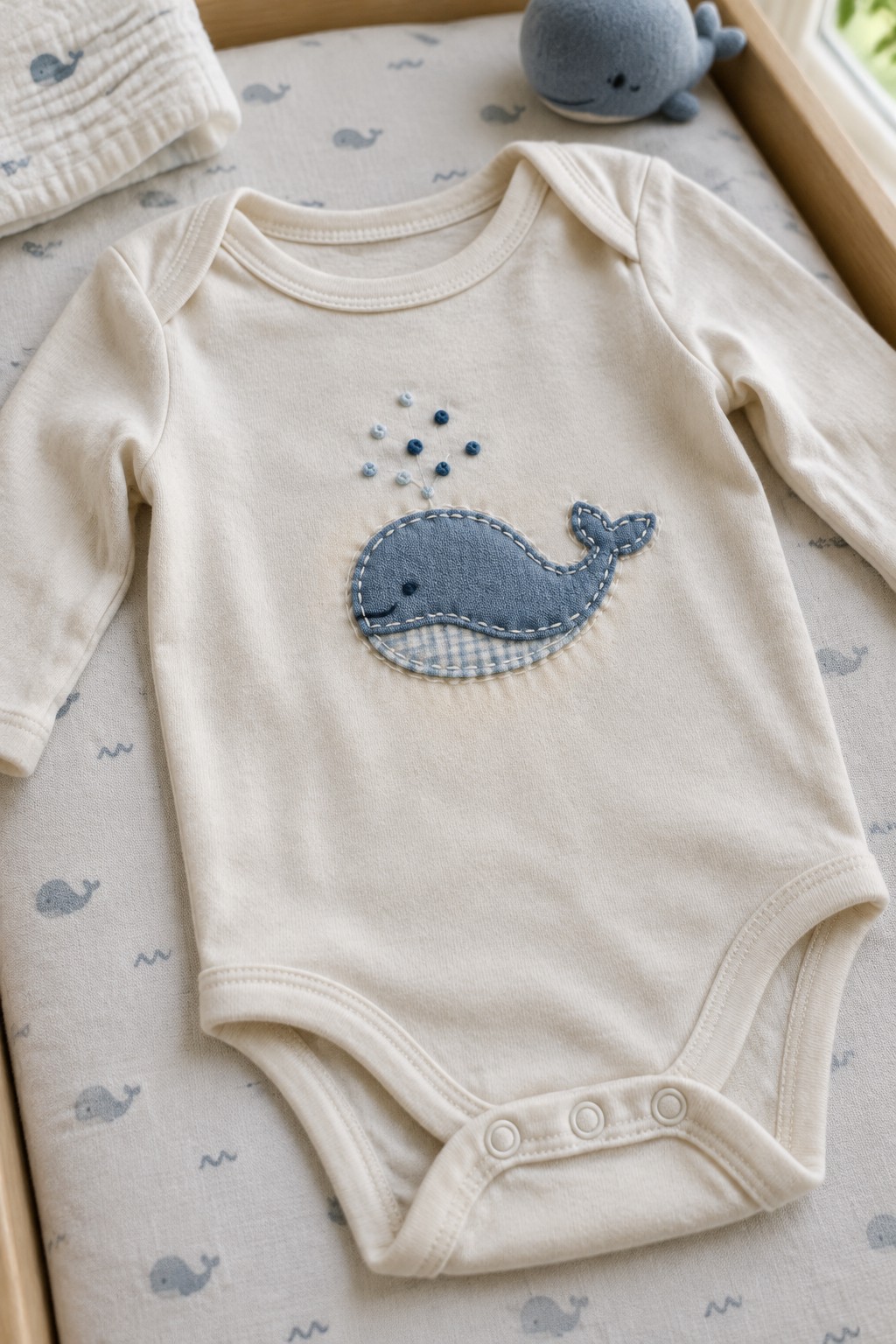 Cream baby onesie with a stitched blue whale appliqué and embroidered bubbles on a whale-print changing mat.