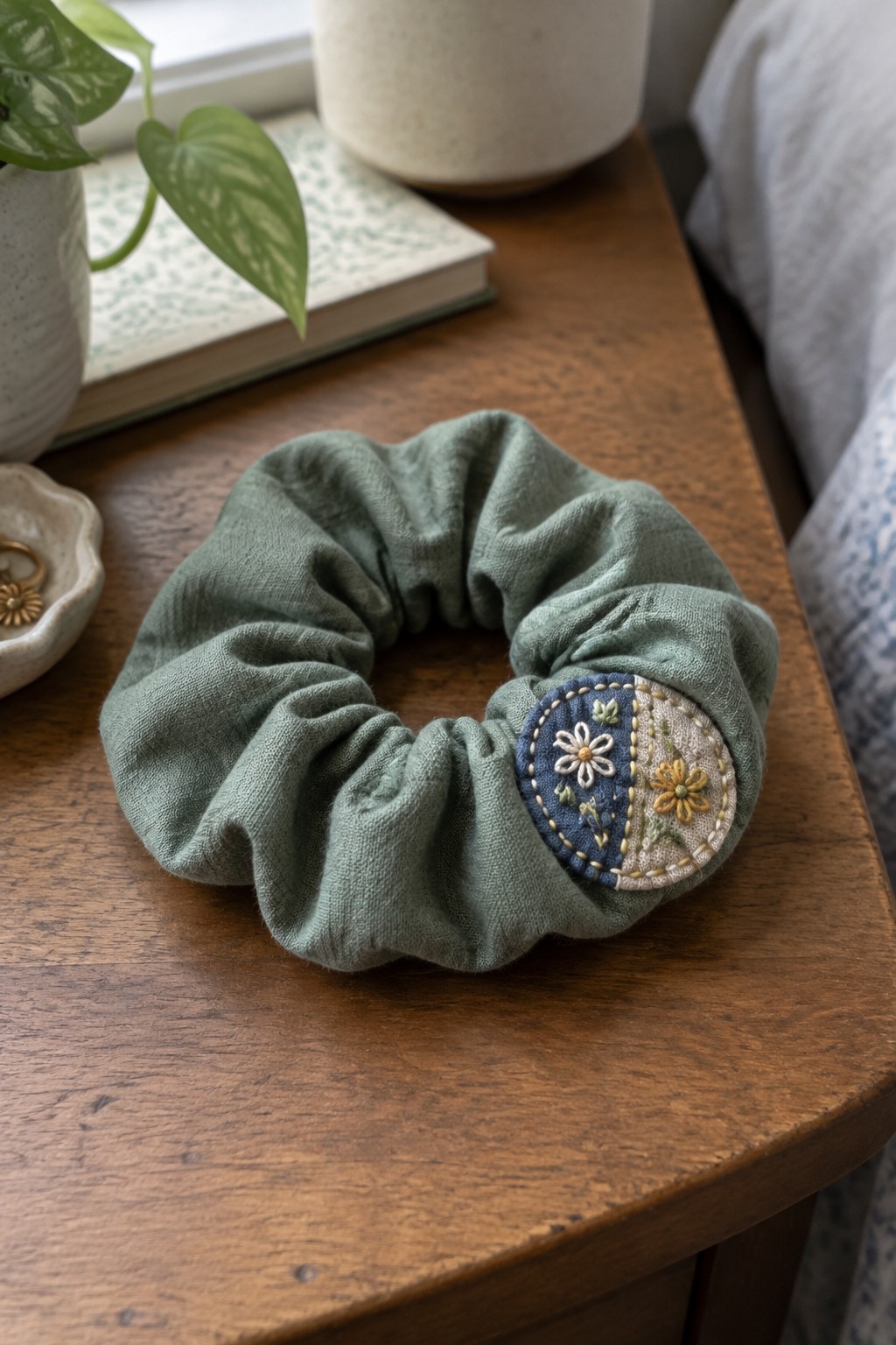 A sage green fabric scrunchie with a round, two-color embroidered floral patch rests on a wooden table.