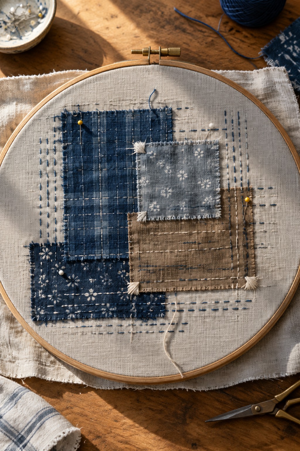 Layered blue, gray, and brown fabric patches are hand-stitched onto linen stretched in an embroidery hoop.