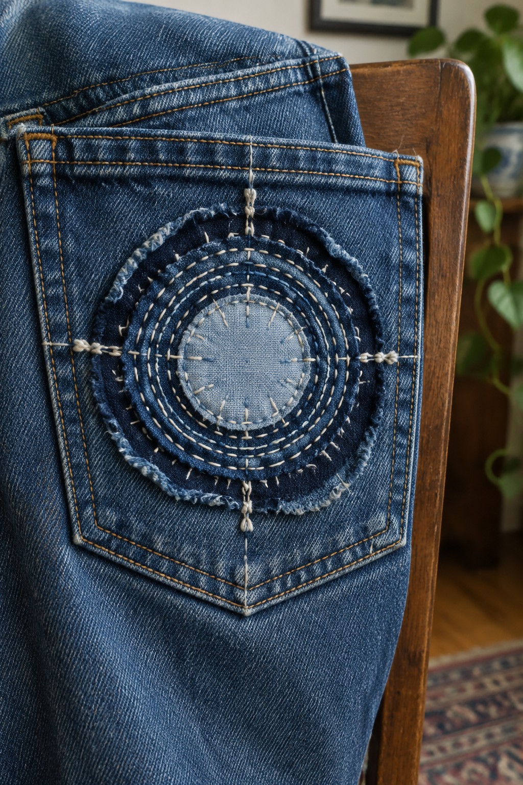 Blue jeans draped over a wooden chair, with a layered circular patch and pale hand stitching on the back pocket.