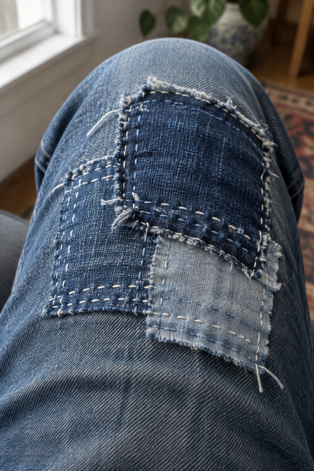 Layered blue denim patches with visible pale hand stitching on the knee of jeans.