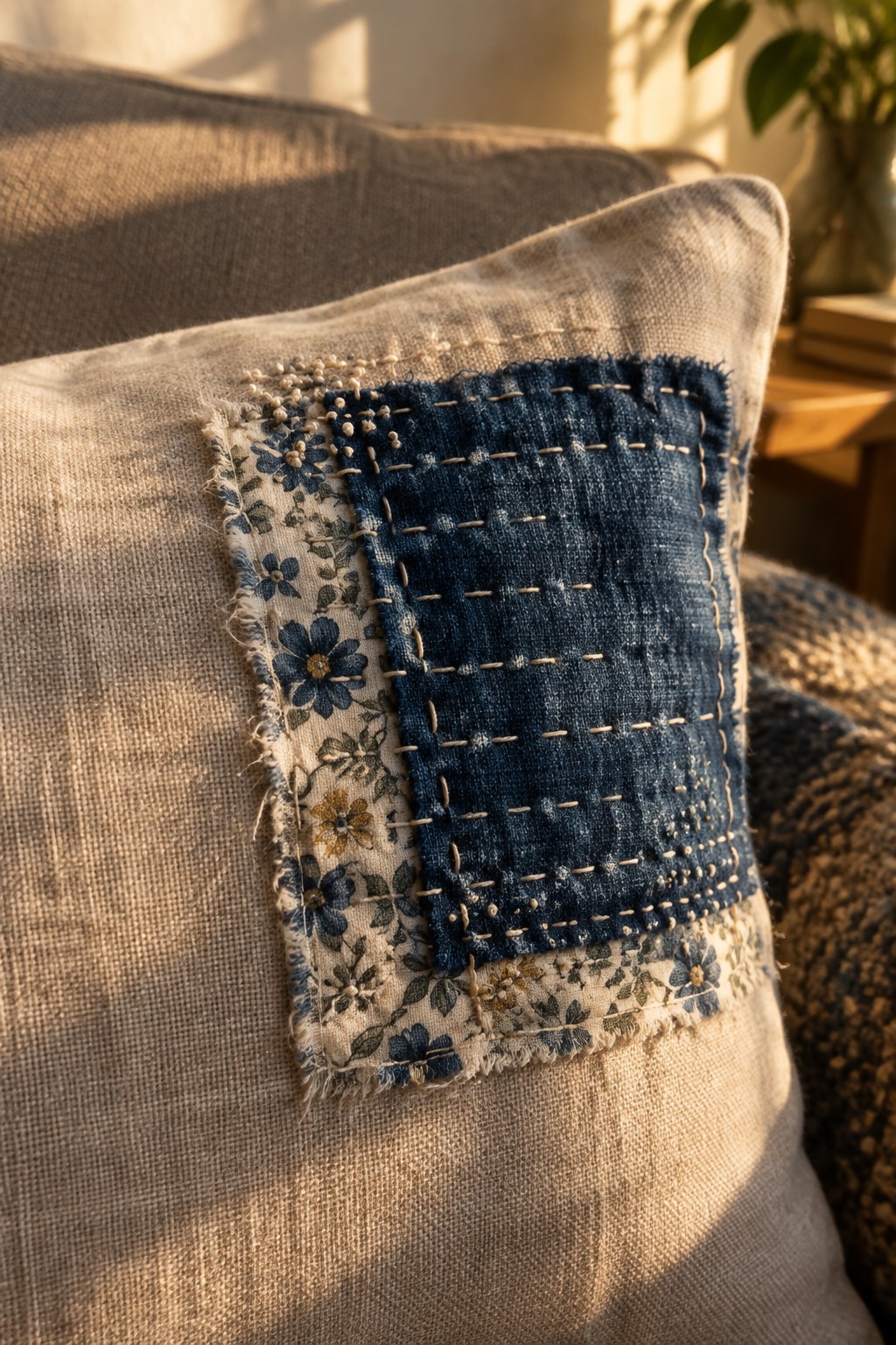 A blue denim patch with light hand stitching is layered over floral fabric on a beige cushion.