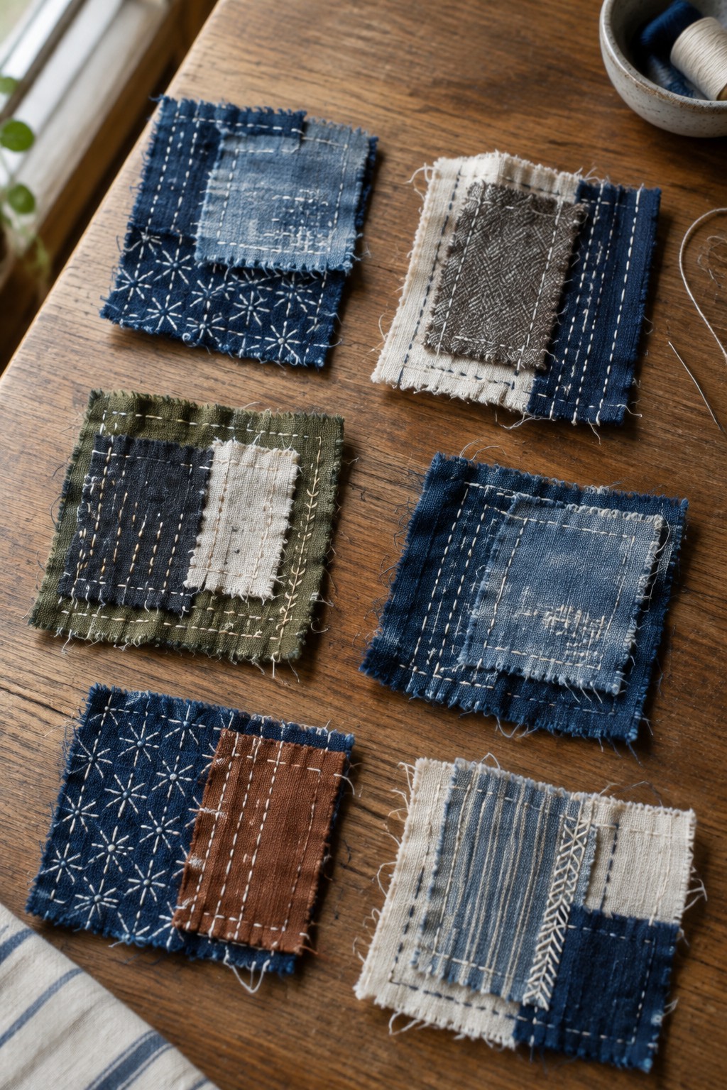 Six square fabric patches in blue, cream, olive, and brown with layered scraps and visible hand stitching on a wooden table.