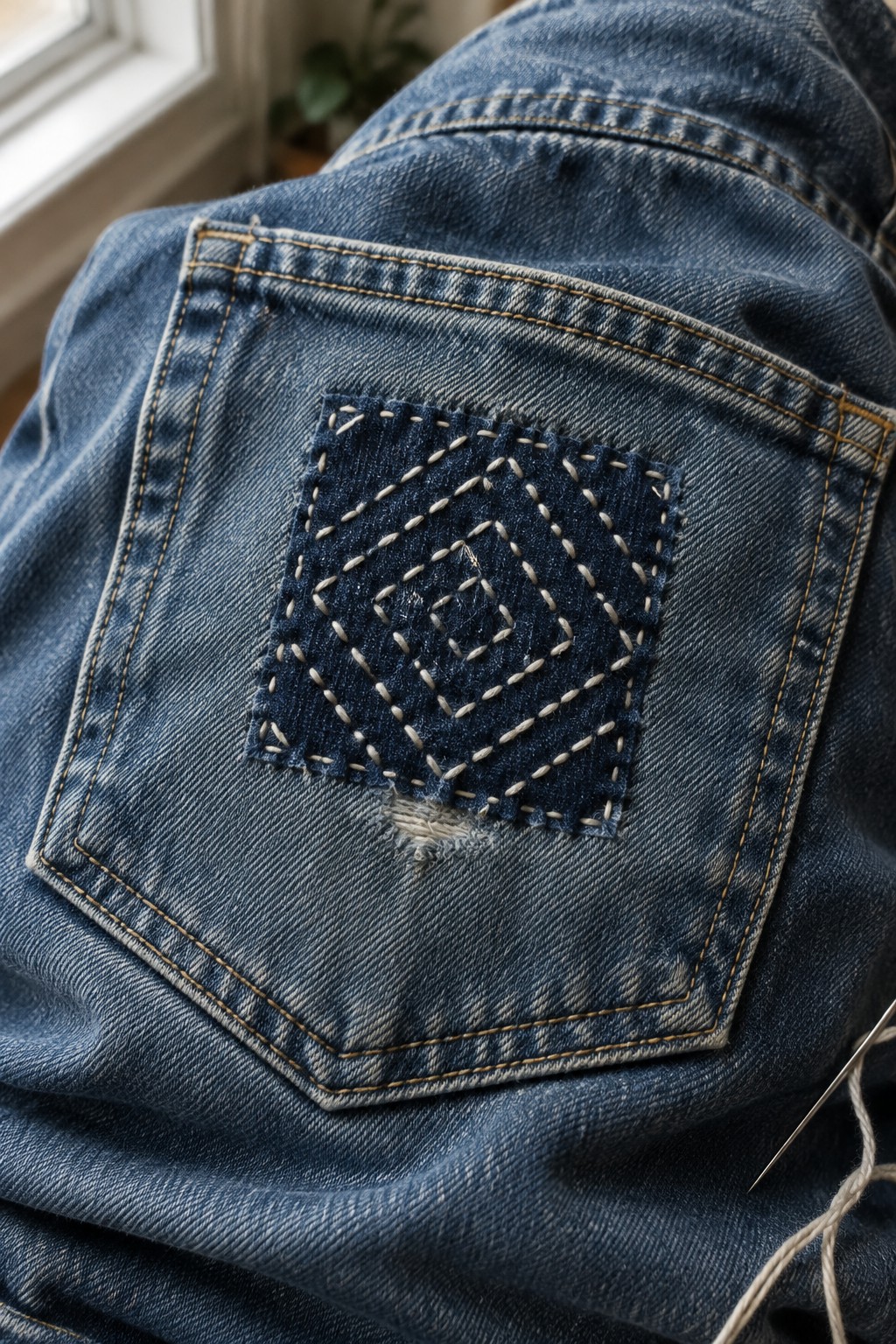 A dark square patch on a denim pocket is stitched with light thread in a layered diamond pattern.