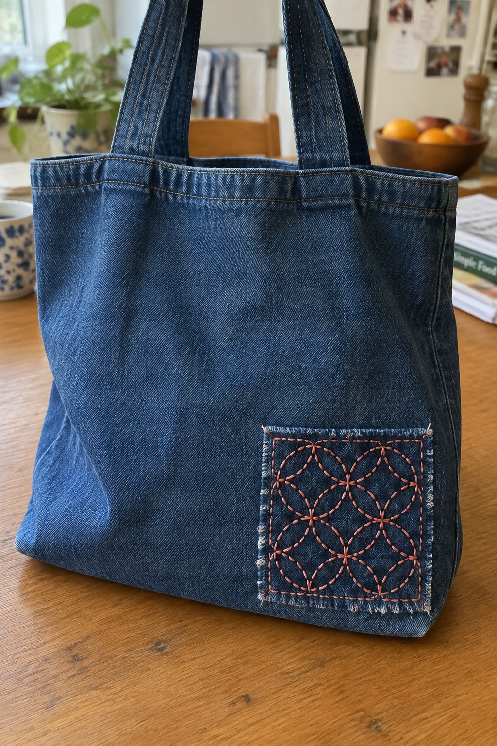 A dark denim tote bag with a square patch stitched in a coral repeating curved pattern.
