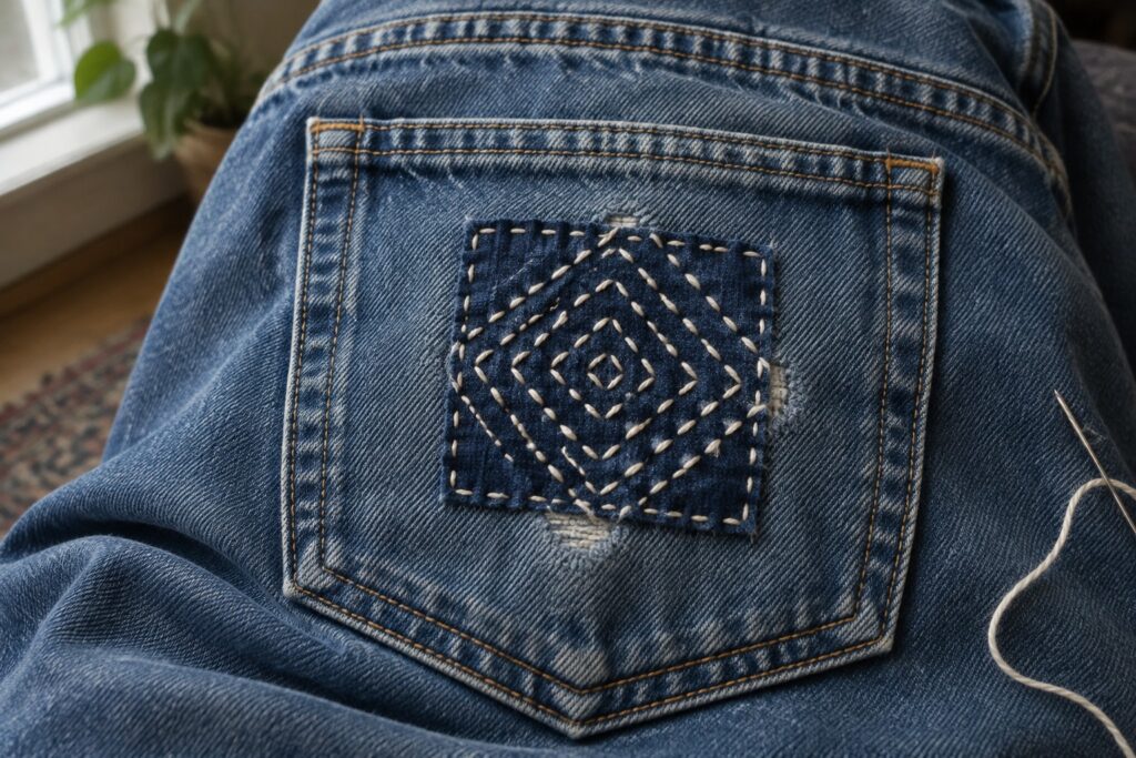 19 Denim Square Patch Repairs Using Decorative Sashiko A dark square patch on a denim pocket is stitched with light thread in a layered diamond pattern.