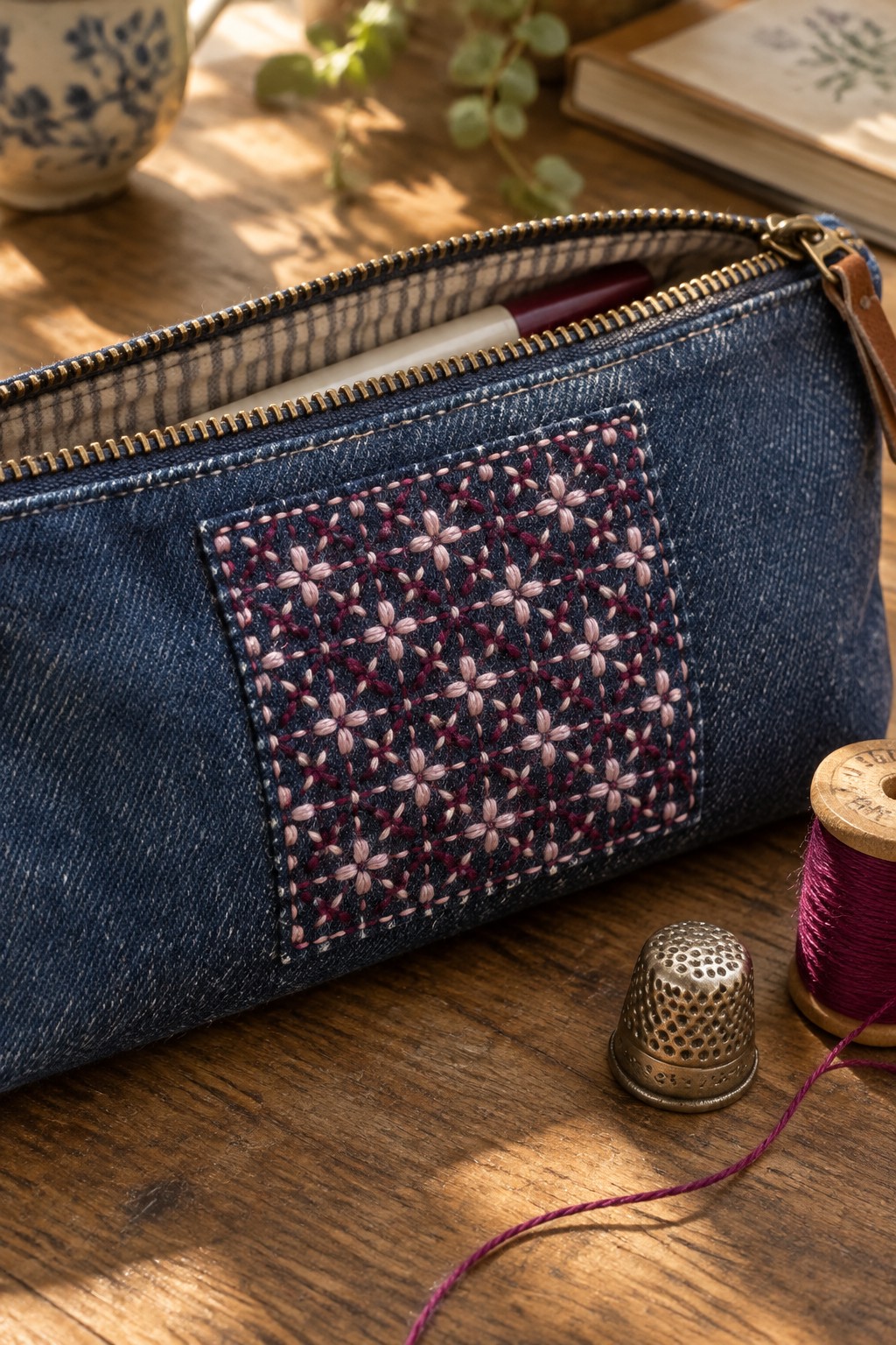 A denim zipper pouch with a square pink floral embroidery patch, beside a spool of magenta thread and a metal thimble.