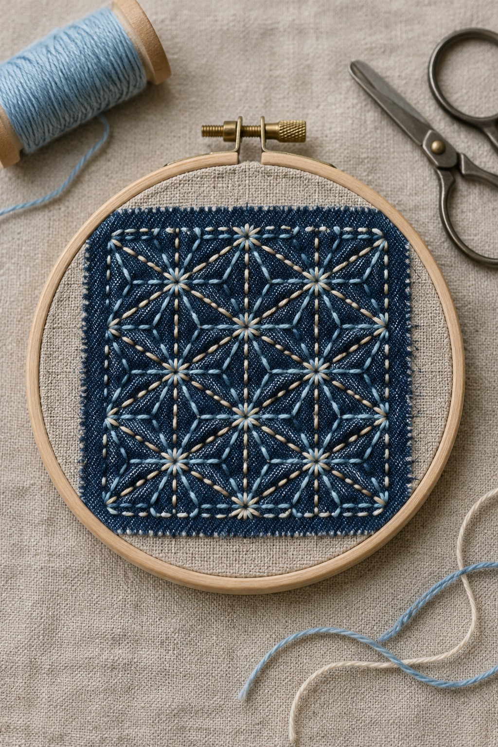 A dark denim square embroidered with a geometric star pattern sits in a wooden hoop beside blue thread and scissors.