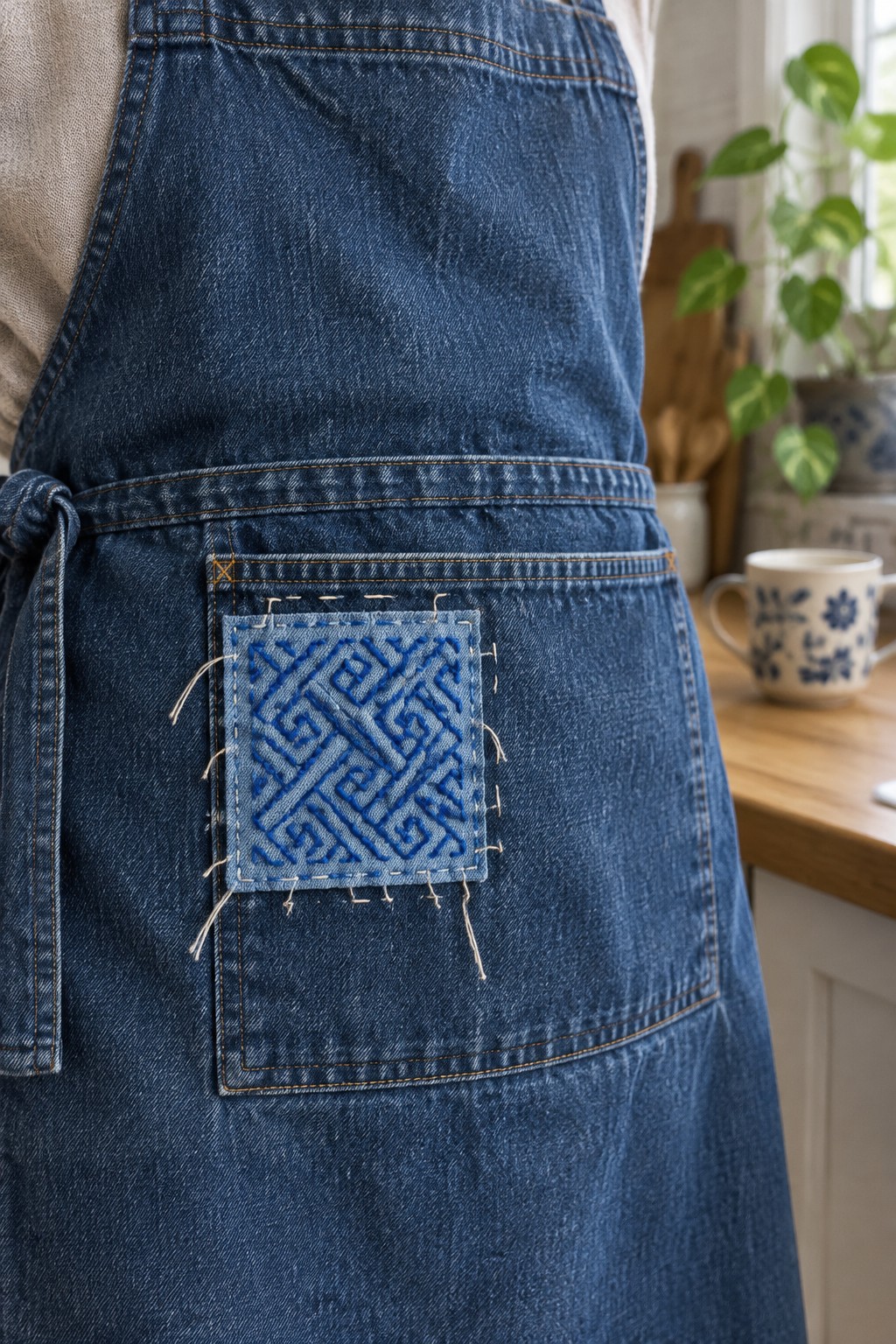 A blue geometric stitched patch with loose threads is attached to the pocket of a denim apron.