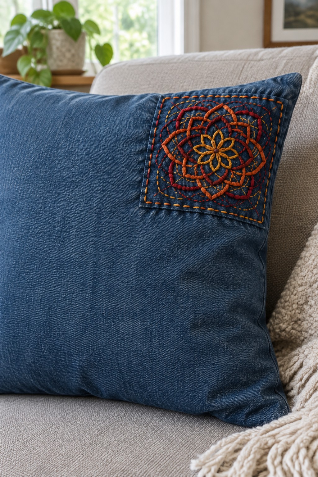 A blue denim cushion with a square patch embroidered in a layered orange, red, and yellow floral design.