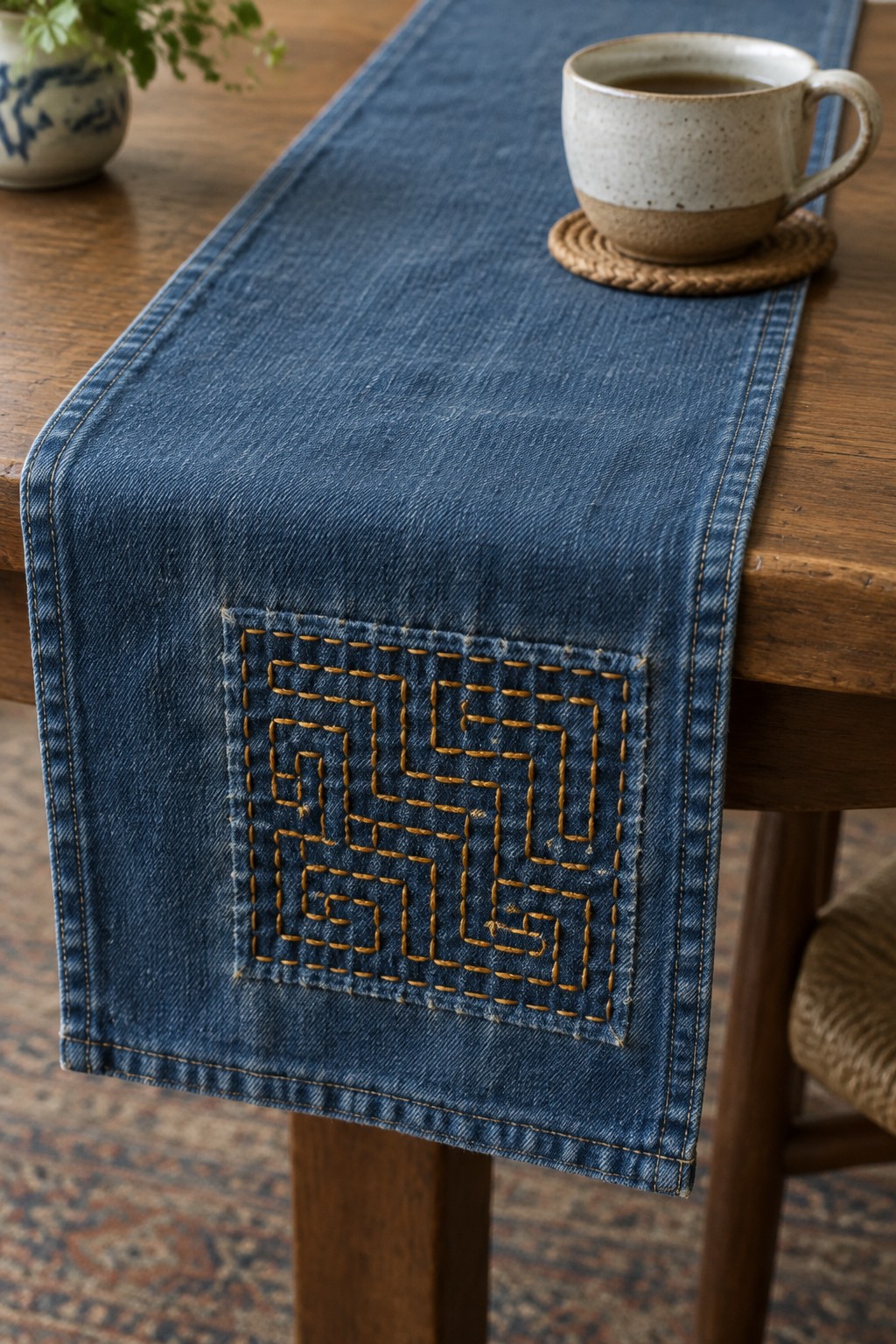 A blue denim table runner with a gold-stitched maze patch hangs over a wooden table beside a ceramic cup.