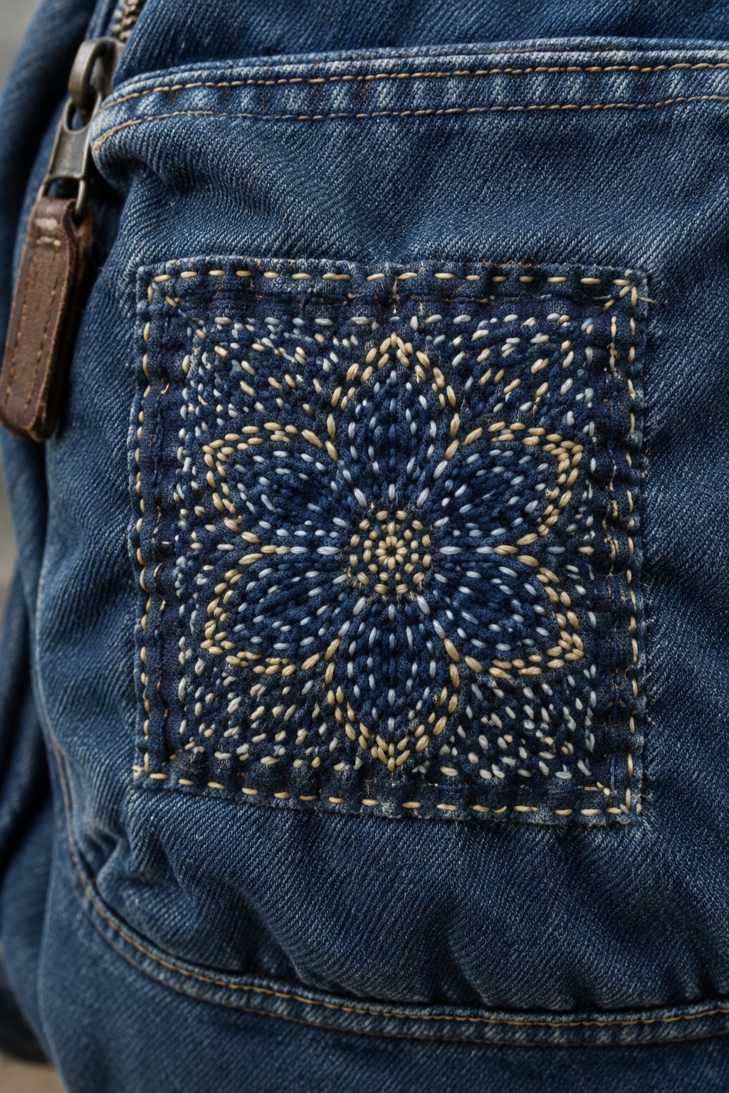 Close-up of a denim pocket with a square patch covered in radiating cream and blue sashiko stitches.