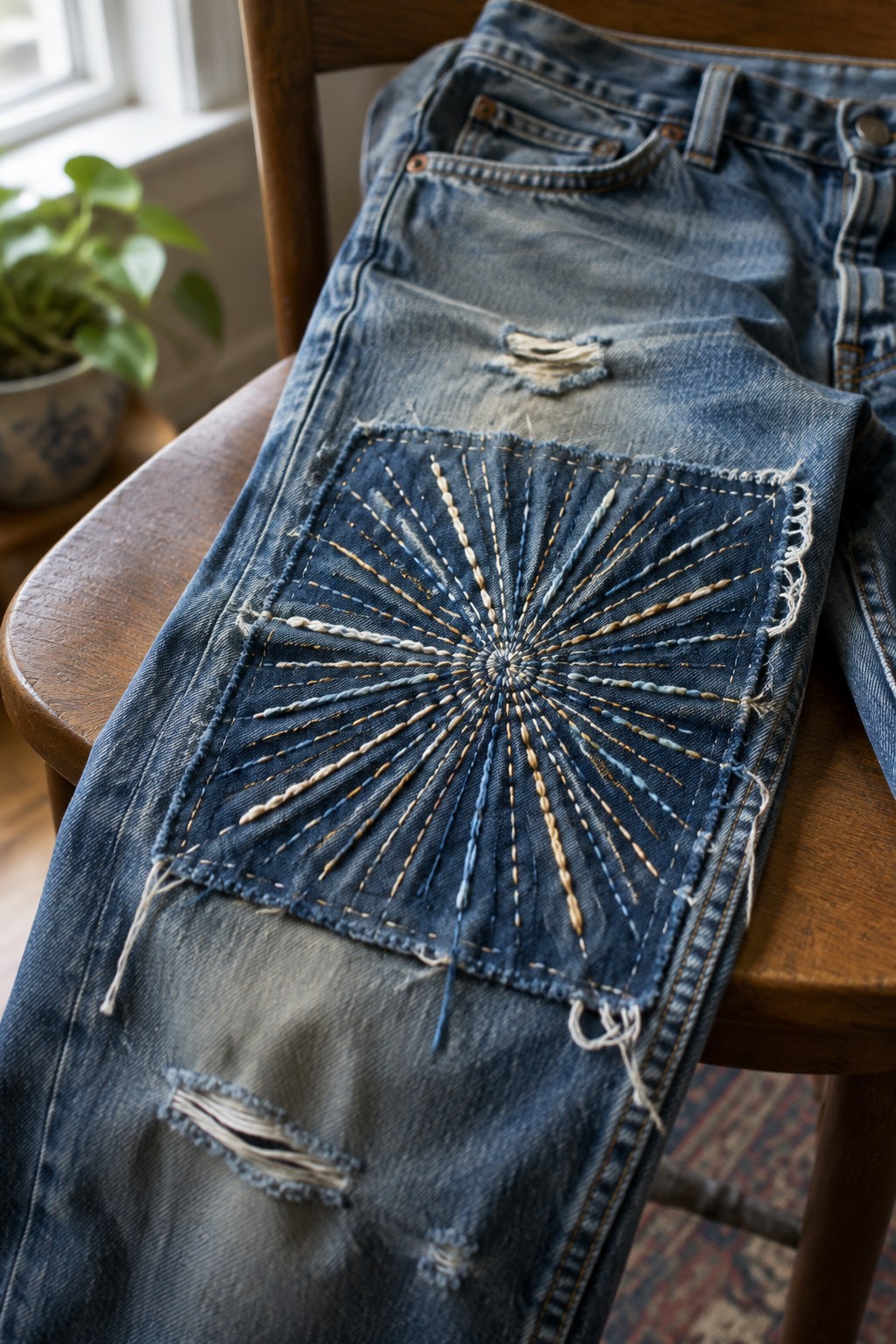 Blue jeans laid across a wooden chair, with a square denim patch embroidered in radiating cream and blue stitches.