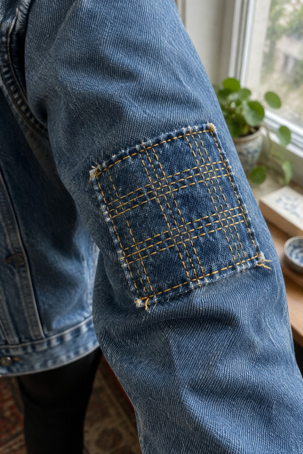 A denim jacket sleeve with a square patch stitched in a grid pattern using golden thread.