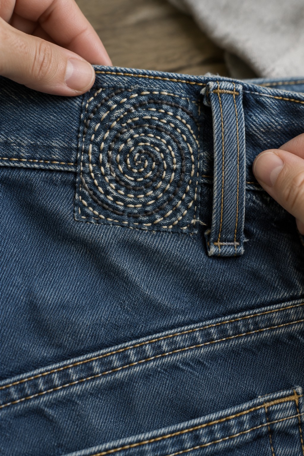 Hands hold denim jeans with a square patch embroidered in concentric spiral stitches.