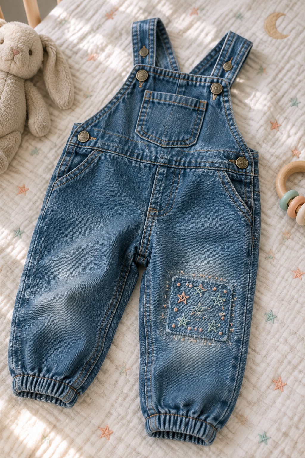Blue denim overalls with a square knee patch embroidered with star outlines and small dots lie on a patterned blanket beside a plush rabbit and a wooden teether.