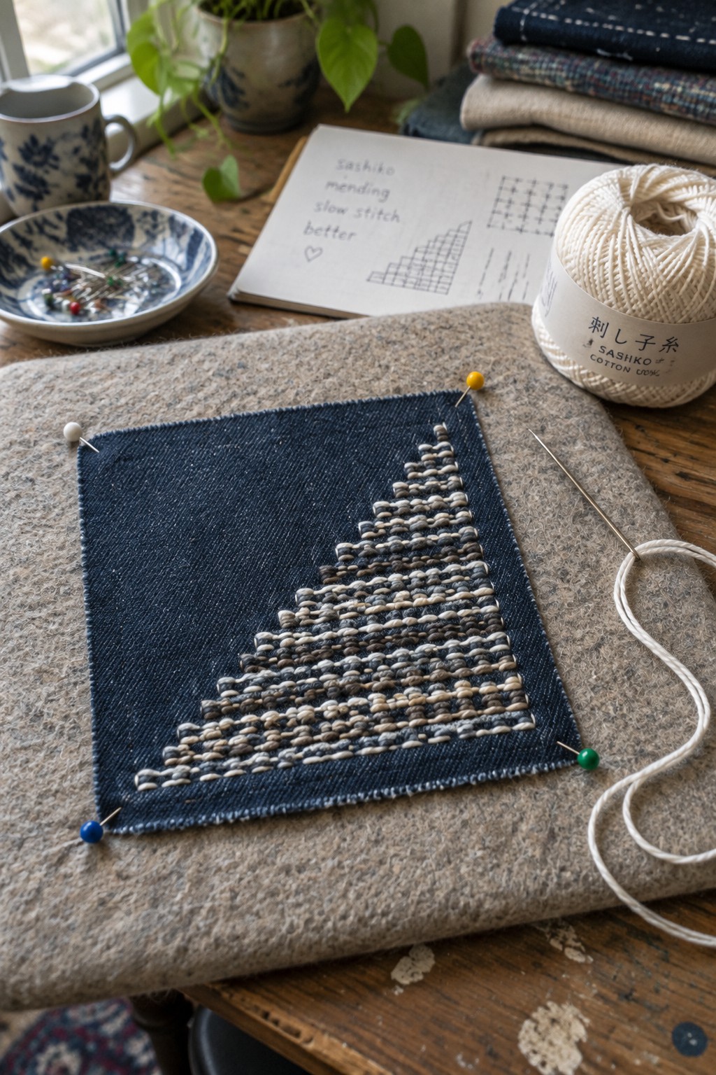 A stepped triangle of cream and tan stitching covers part of a dark denim square pinned to a fabric cushion.