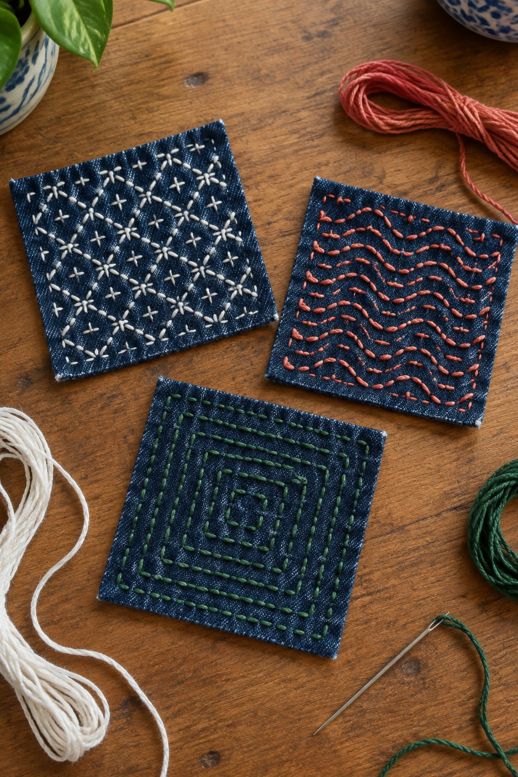 Three square denim patches embroidered with white starbursts, coral wavy rows, and a green squared spiral lie on a wooden table with thread and a needle nearby.
