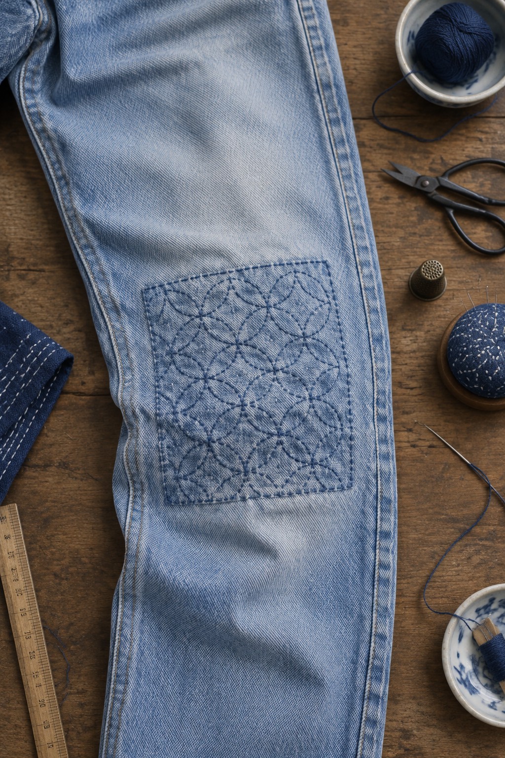 A square denim patch with overlapping dark blue stitched circles is sewn onto the knee area of light-wash jeans.