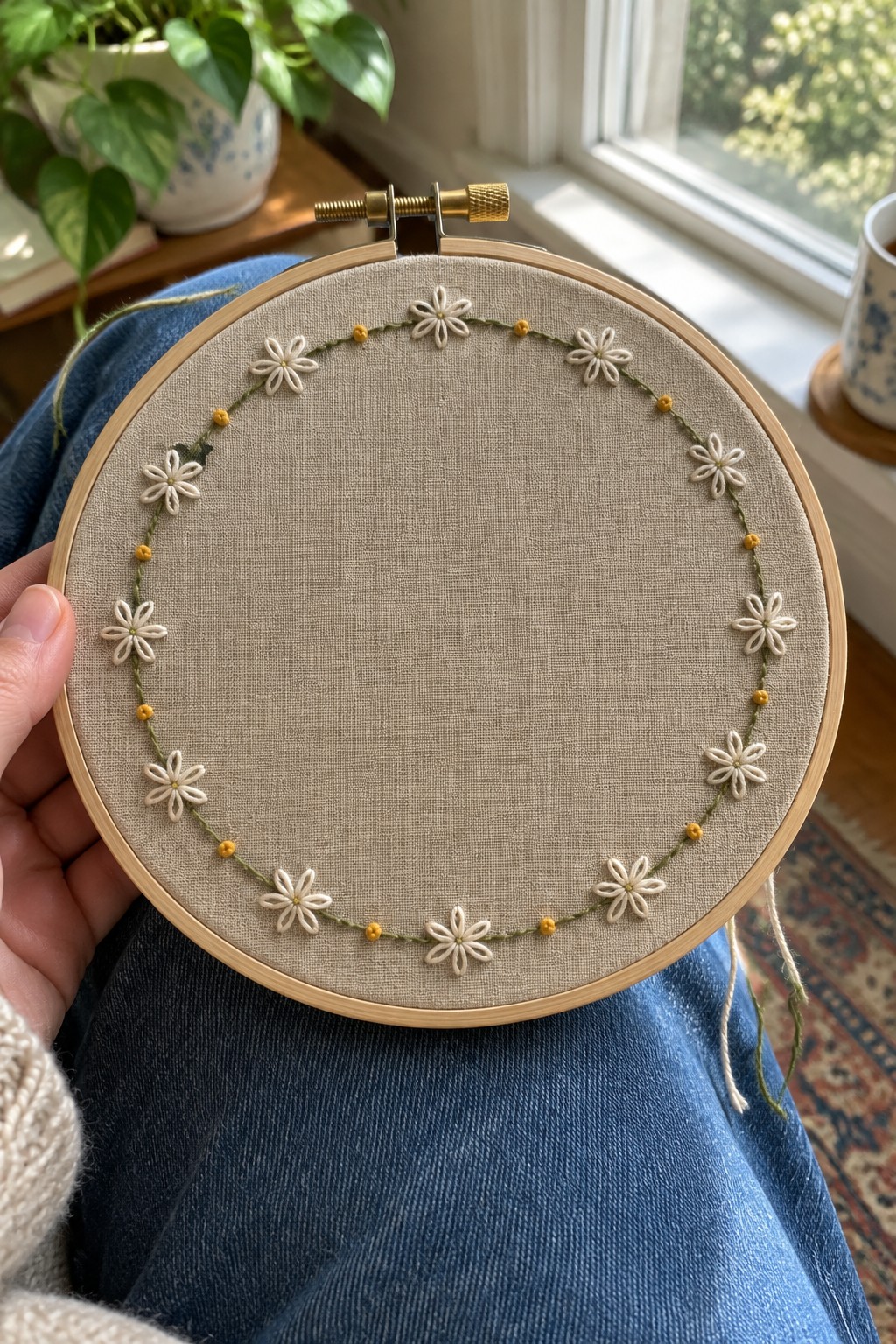 A wooden embroidery hoop holds a beige fabric design with a circular border of white flowers, yellow accents, and green stitching.