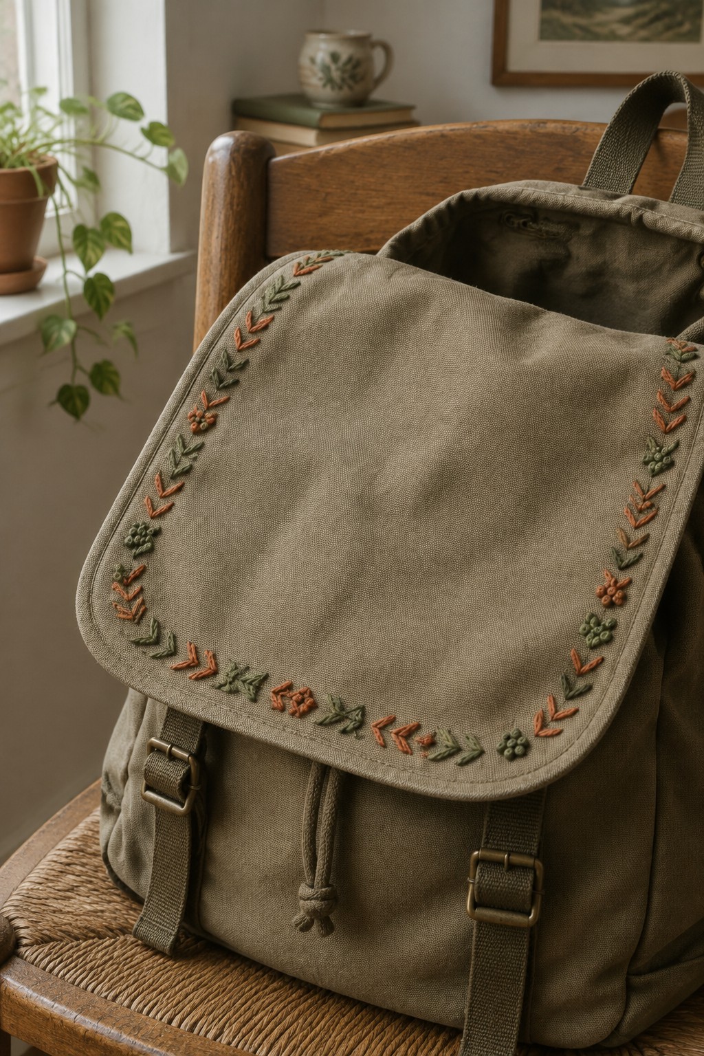 A khaki backpack with a rounded flap embroidered with a border of green and rust-colored leaves and buds.