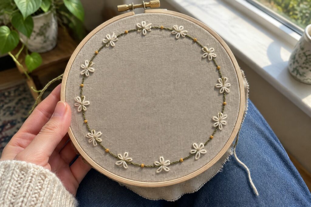 A wooden embroidery hoop holds a beige fabric design with a circular border of white flowers, yellow accents, and green stitching.