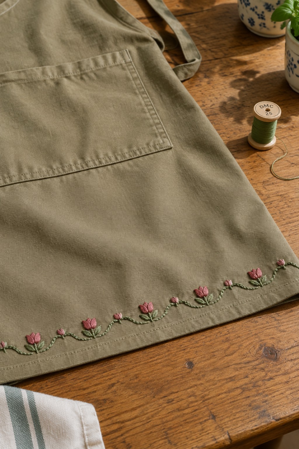 An olive-green apron with a pink flower and green vine embroidery border along its hem lies on a wooden table beside a spool of green thread.
