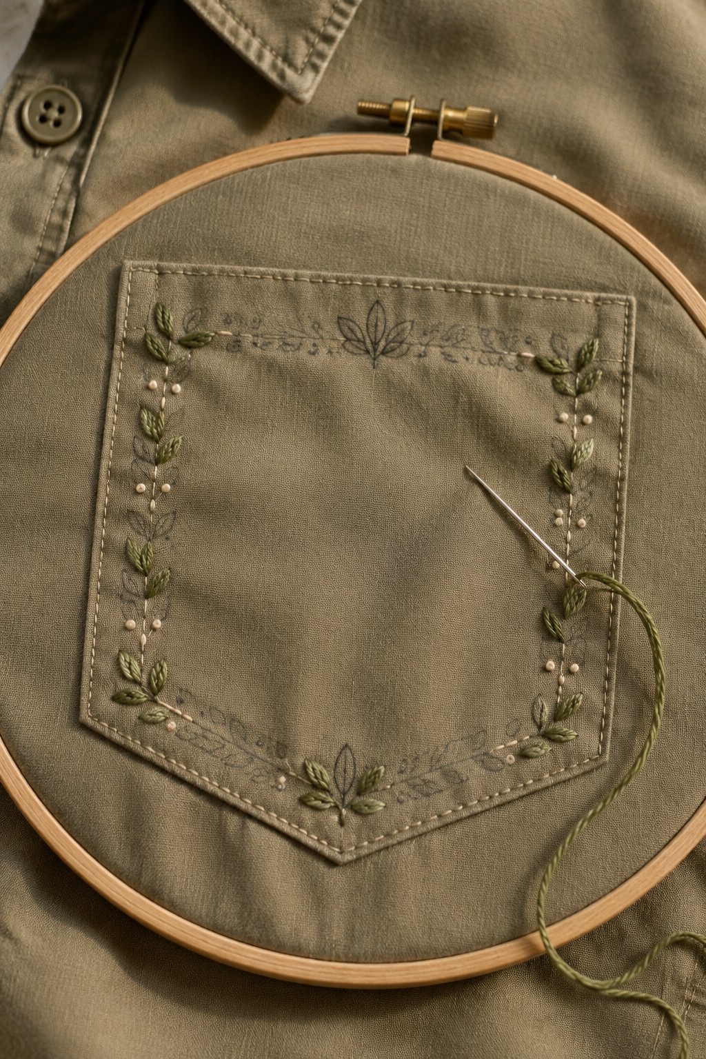 An olive shirt pocket sits in an embroidery hoop with a leafy green border partly stitched around its edges and a needle resting on the fabric.