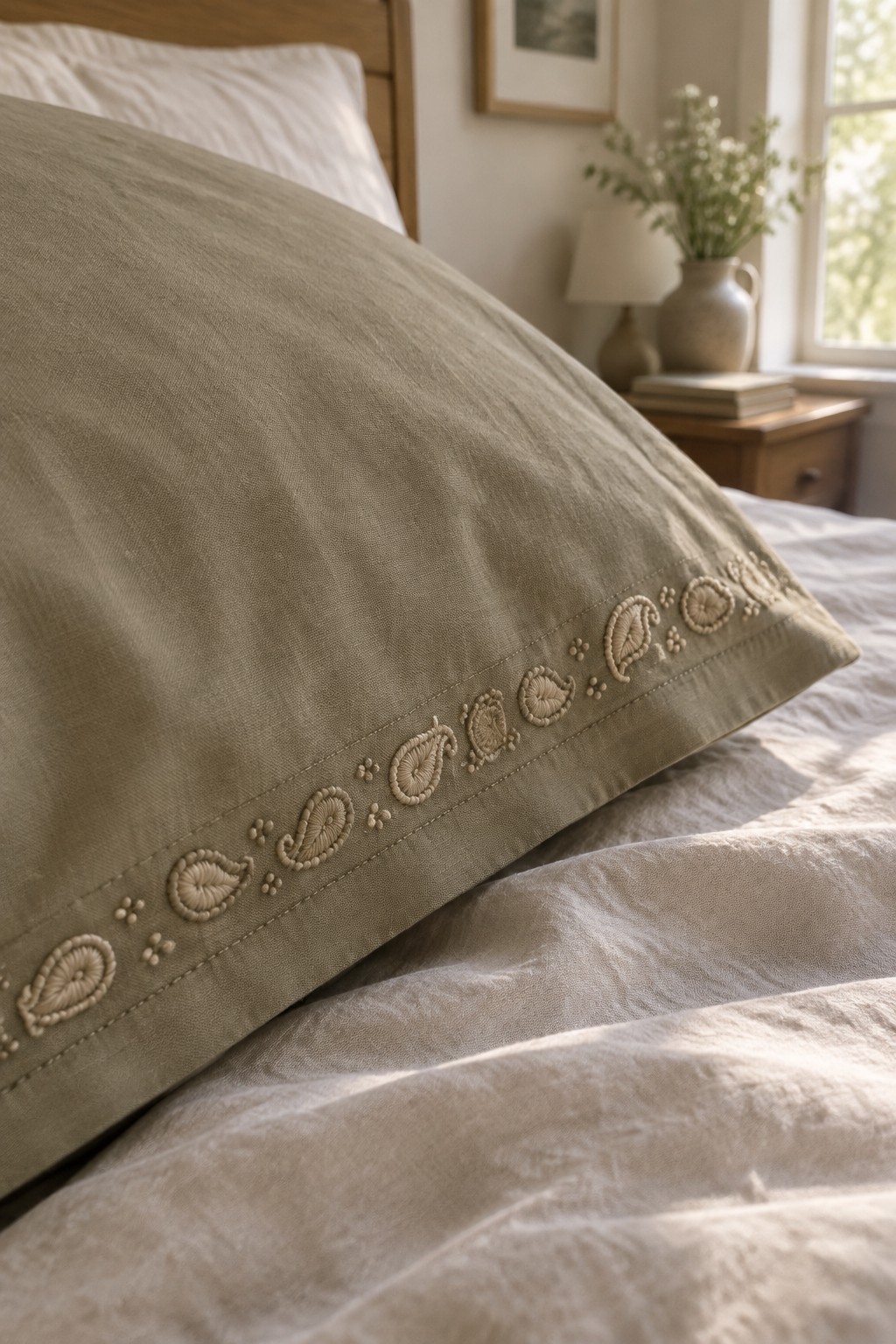Close-up of a beige pillowcase with a raised paisley and dot embroidery border on a bed.