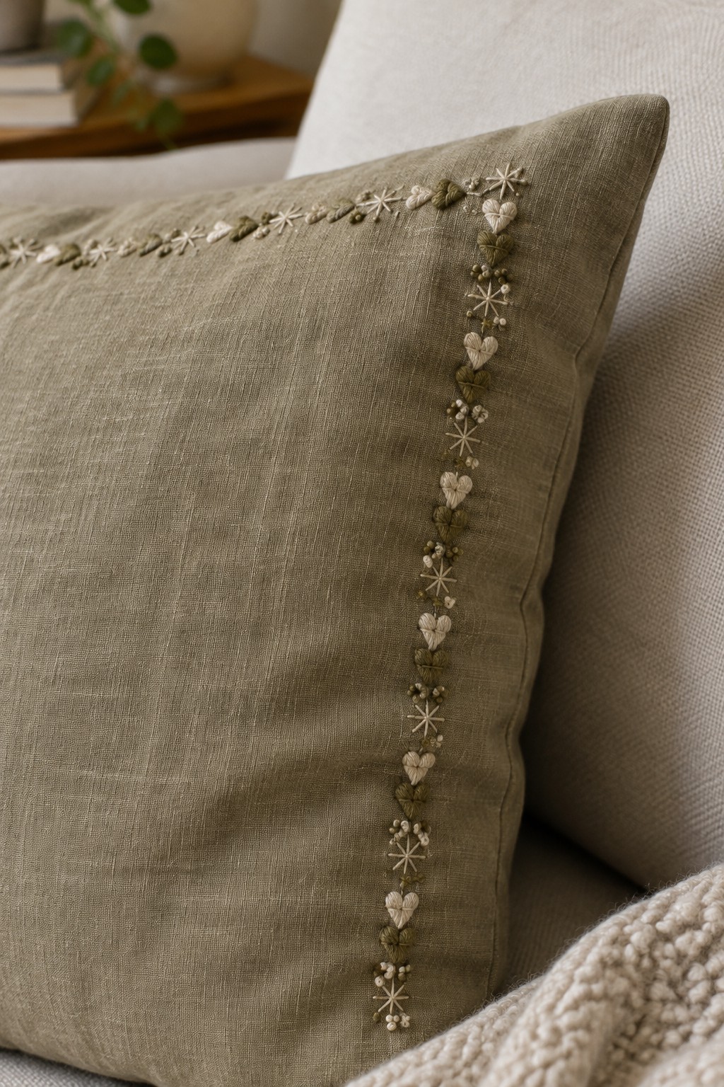 An olive cushion with a cream and green floral embroidery border along two adjoining edges.