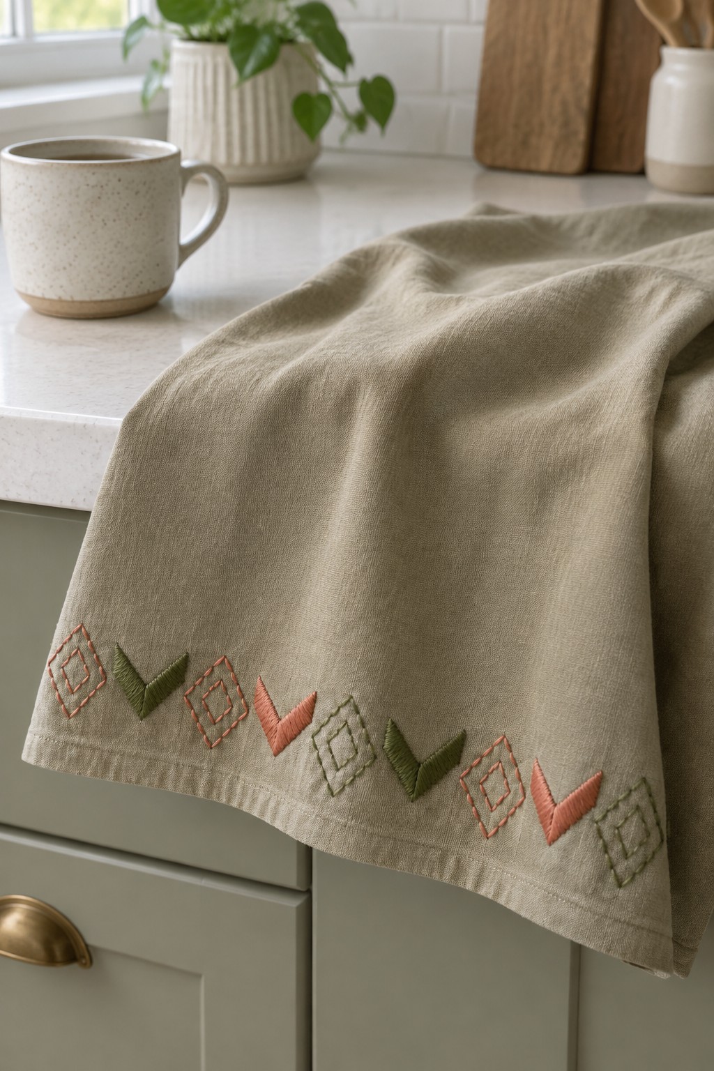 A beige kitchen towel with a coral and olive geometric embroidery border draped over a sage-green cabinet.