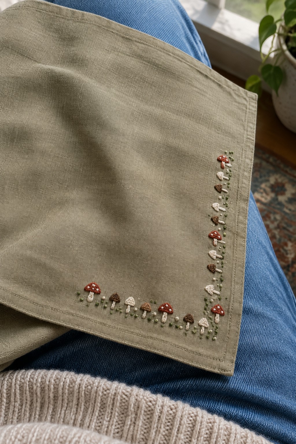 Small red, cream, and brown mushroom embroidery forms a border along two edges of a beige fabric napkin resting on blue jeans.
