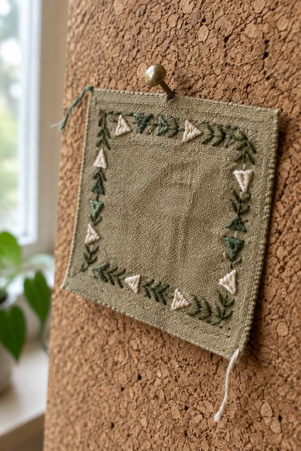 A green and cream embroidered triangle-and-leaf border frames a square of plain fabric pinned to a corkboard.
