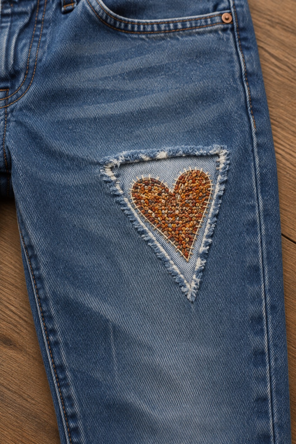 Blue jeans with a frayed triangular denim patch and a beaded heart on the leg.