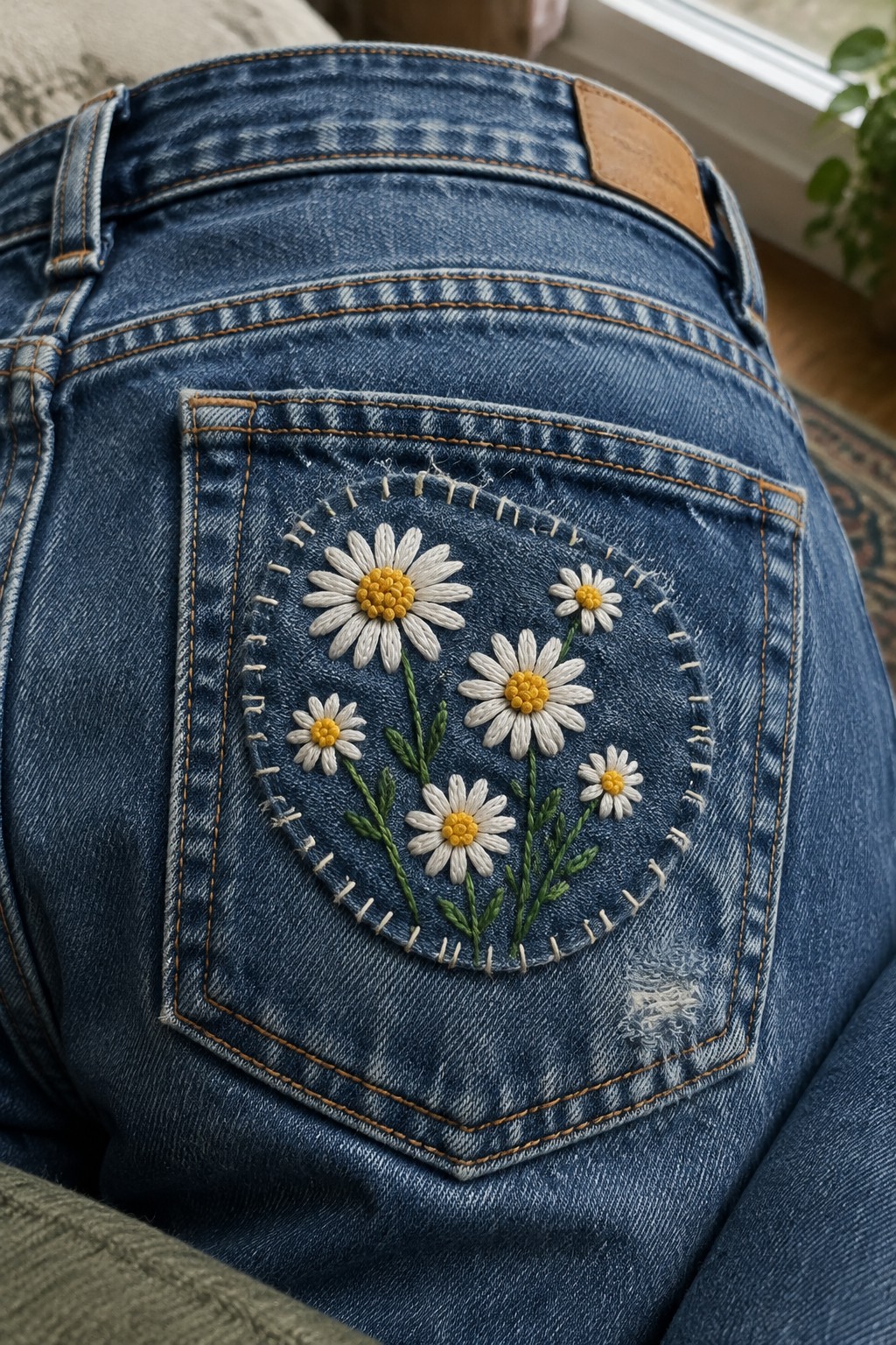 A denim back pocket has a rounded patch embroidered with white daisies, yellow centers, green stems, and a border of visible stitches.