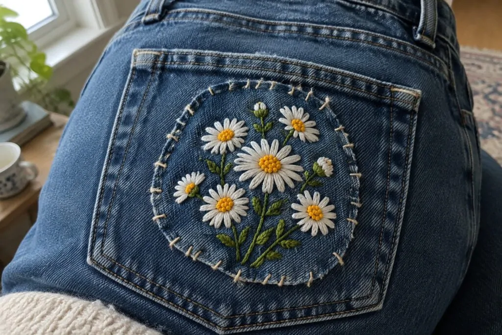 19 Practical Denim Repair Embroidery Ideas for Worn Jeans A denim back pocket has a rounded patch embroidered with white daisies, yellow centers, green stems, and a border of visible stitches.