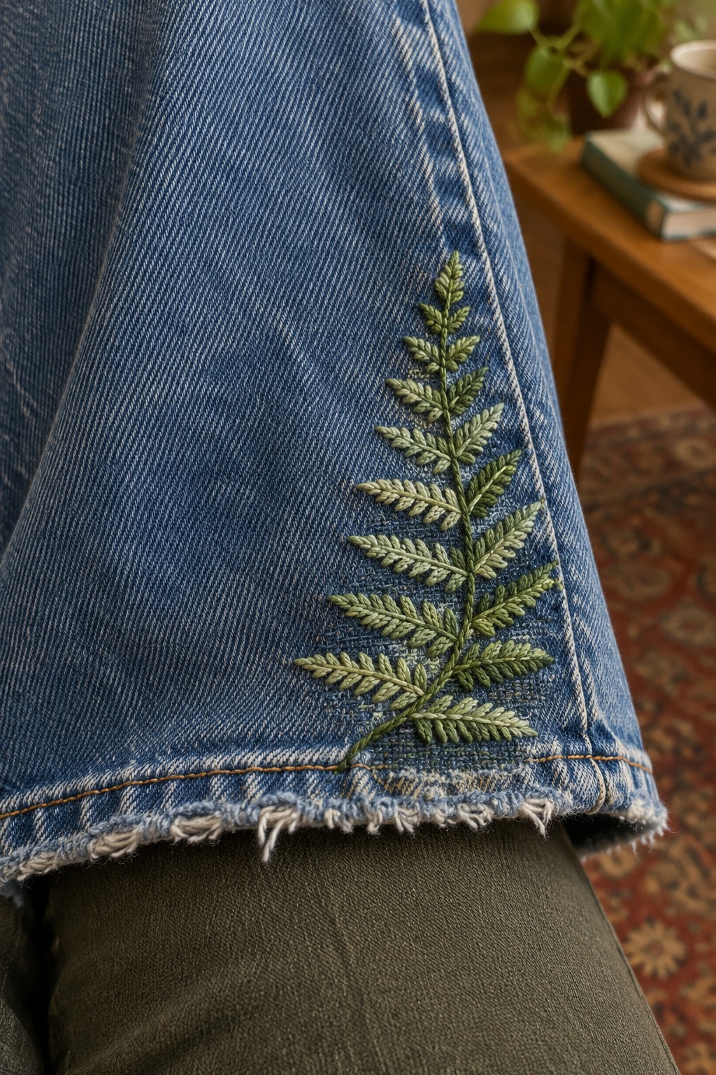 Green fern embroidery runs up the leg of blue jeans above a frayed hem.