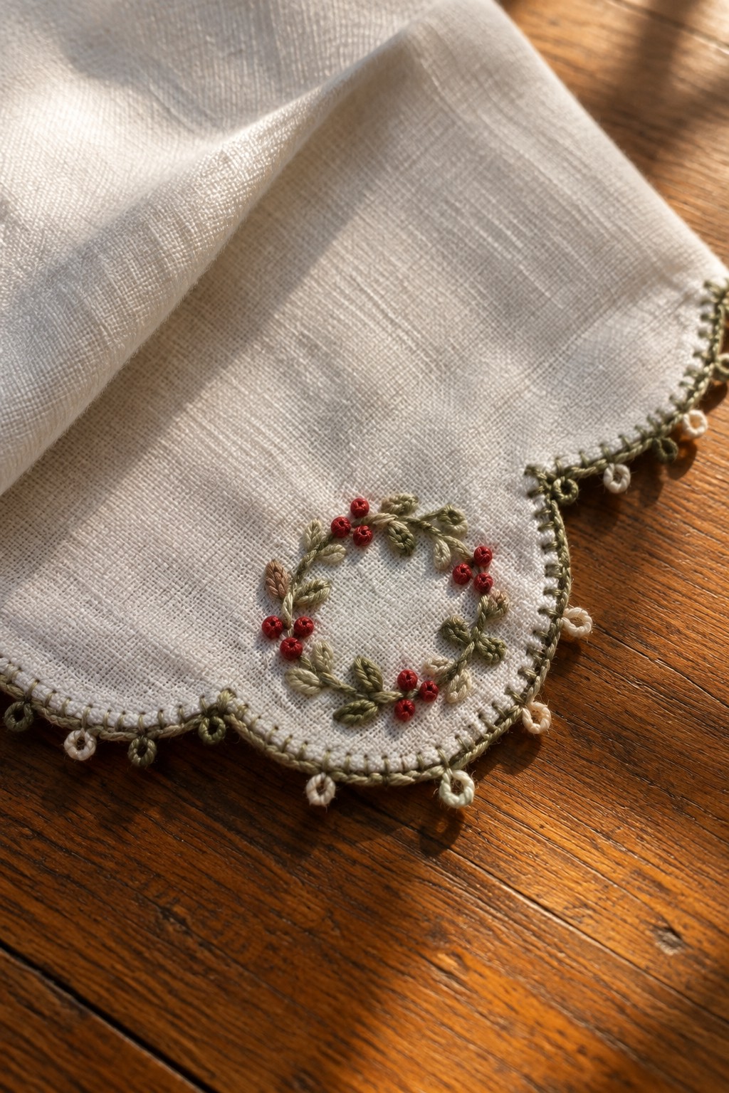 An ivory handkerchief with a scalloped green embroidered edge and a small red-berry wreath rests on a wooden table.