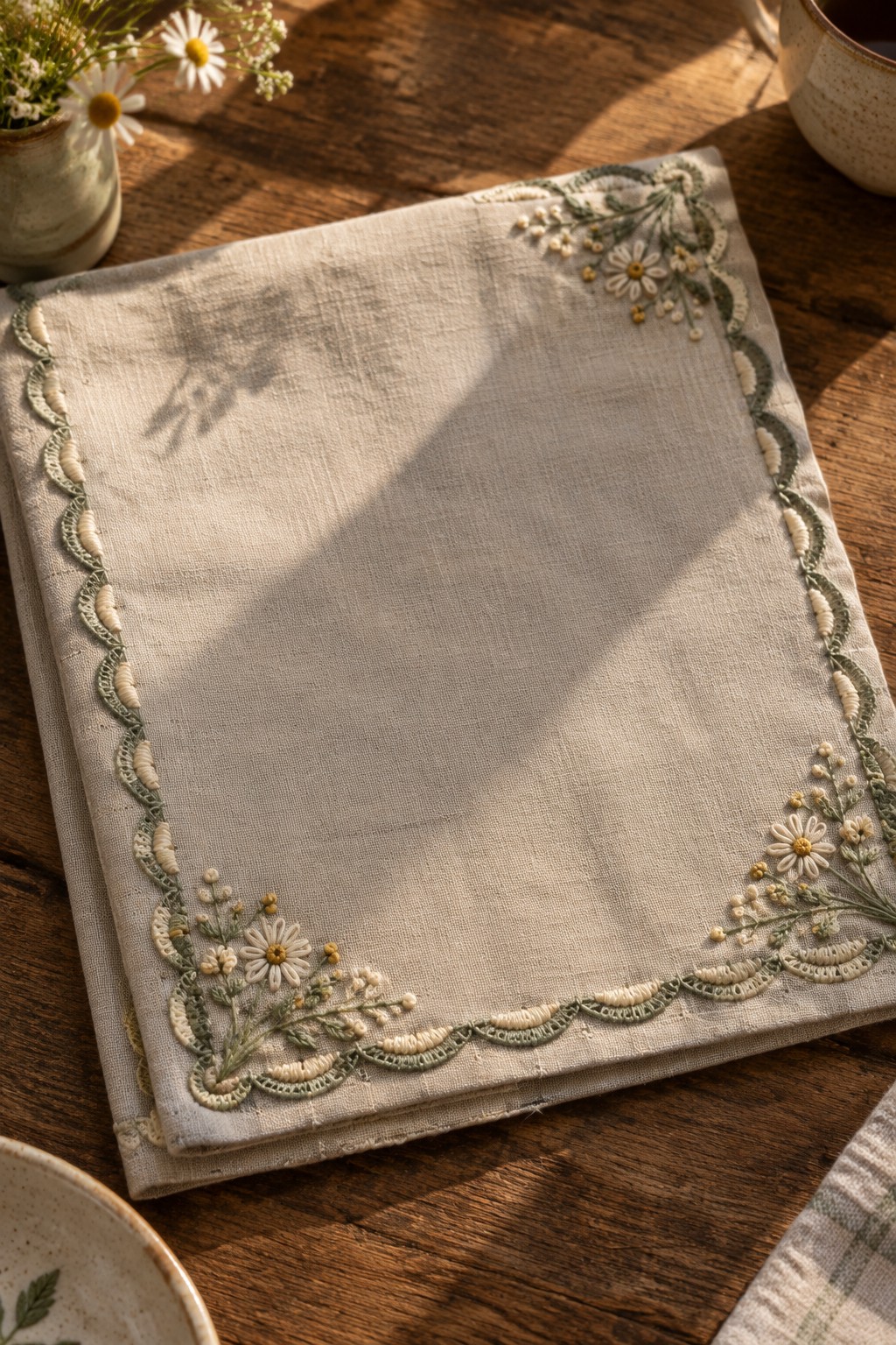 A folded beige linen handkerchief with a green scalloped embroidered border and small daisy clusters at its corners rests on a wooden table.
