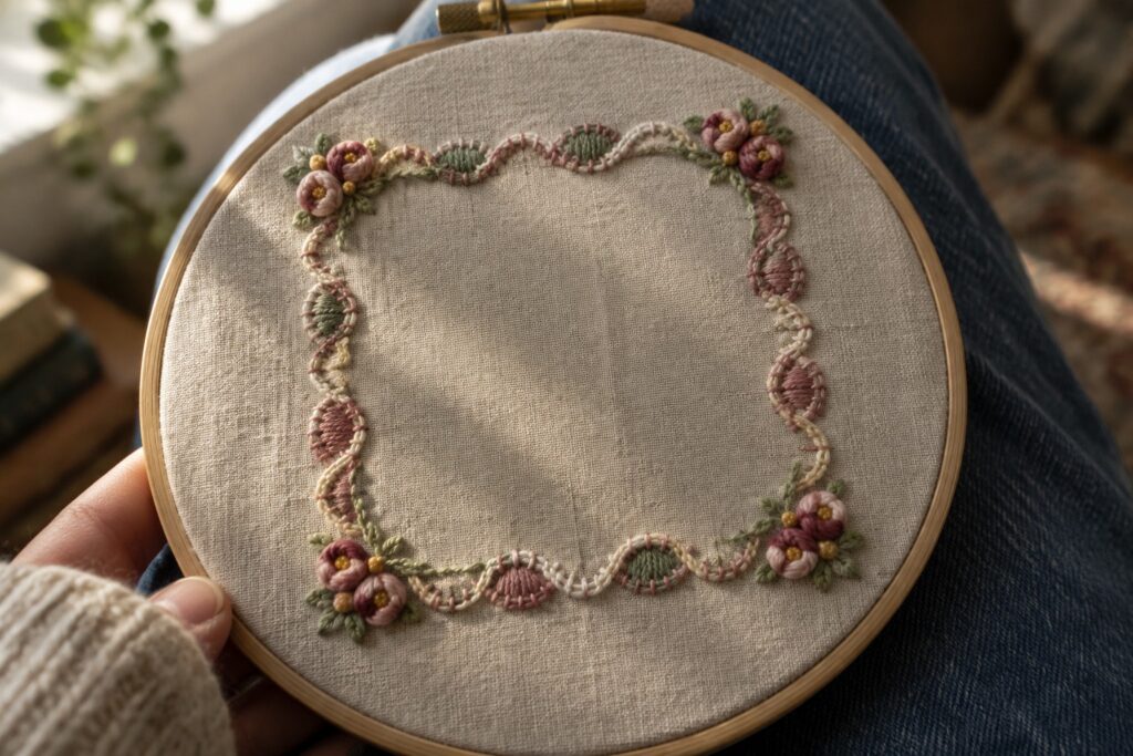 19 Scalloped Embroidery Border Ideas With Connected Corner Motifs Embroidered pink flowers and scalloped stitching form a border on beige fabric held in a wooden hoop.