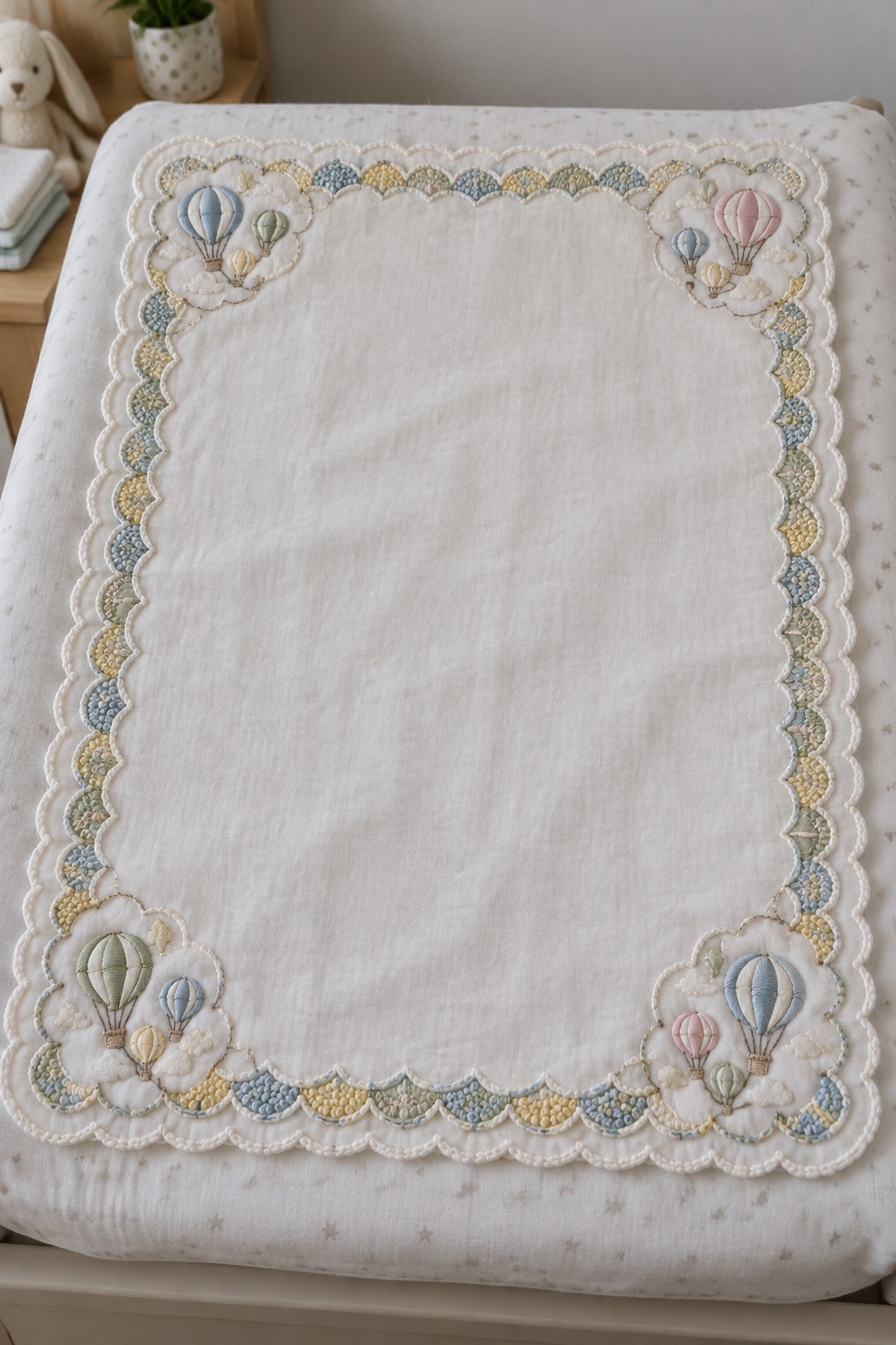 An embroidered cream blanket with a pastel scalloped border and hot air balloon motifs at each corner.