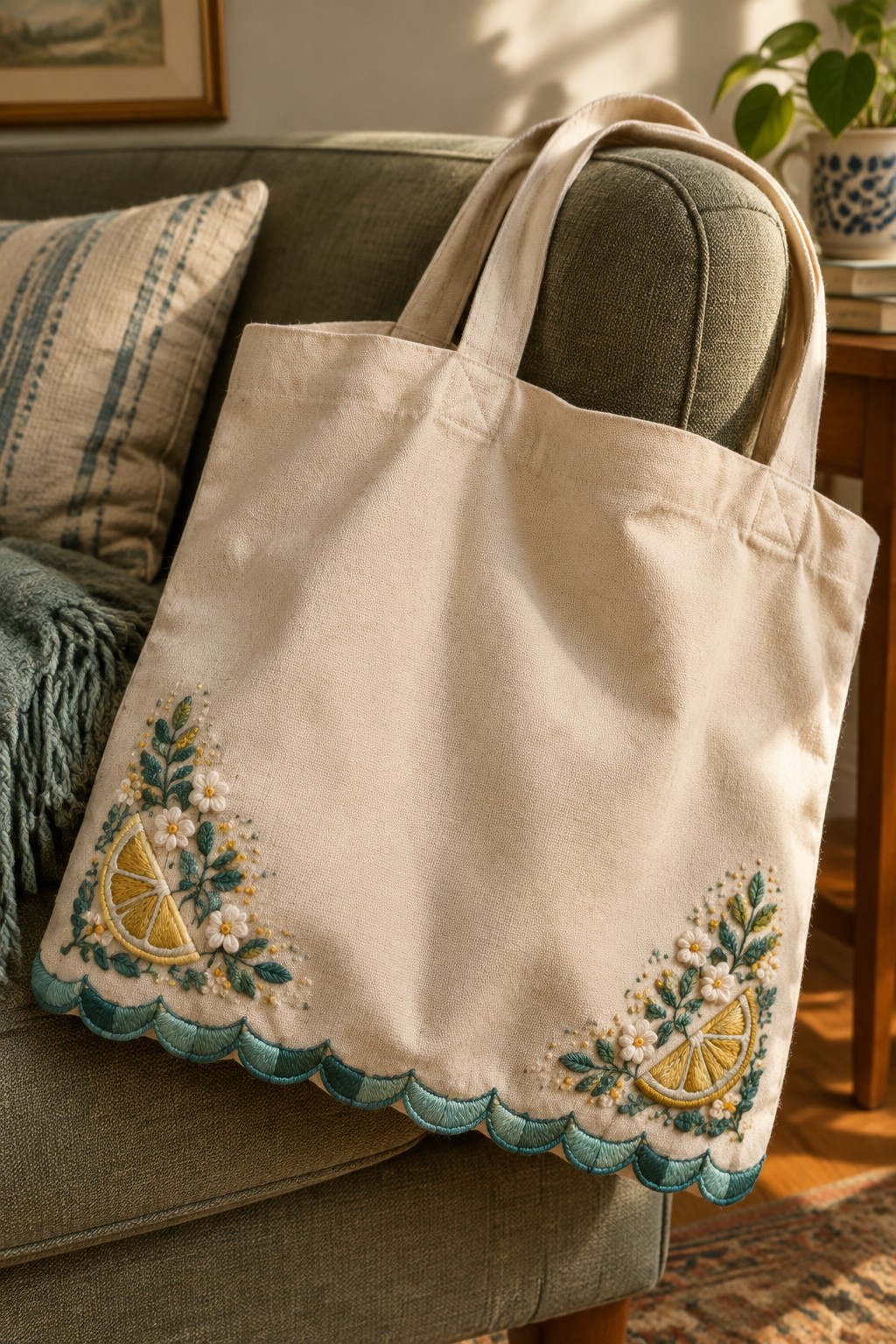 A cream tote bag with lemon and leafy embroidery at the lower corners and a teal scalloped border rests on a green sofa.